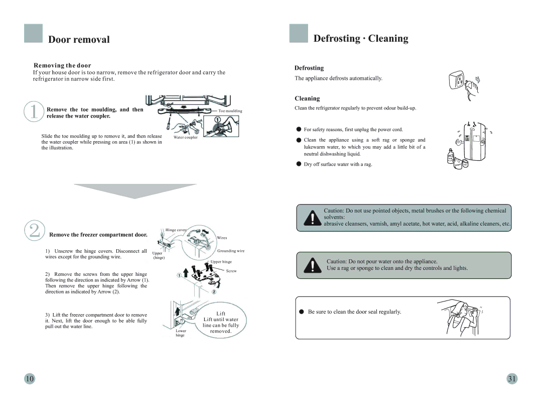 Haier HRF-663ATA2, HRF-663ITA2 manual Door removal, Defrosting · Cleaning, Removing the door 