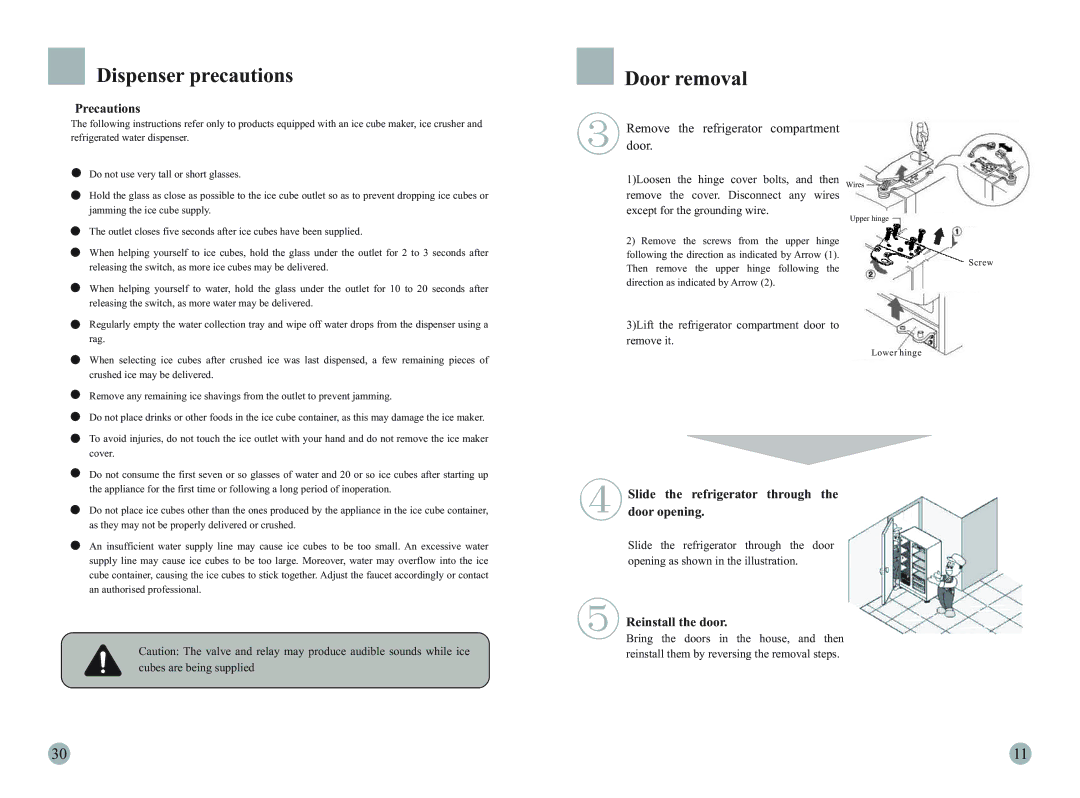 Haier HRF-663ITA2 Dispenser precautions, Precautions, Slide the refrigerator through Door opening, Reinstall the door 