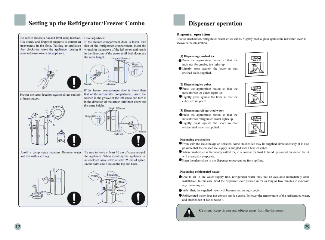 Haier HRF-663ATA2, HRF-663ITA2 manual Setting up the Refrigerator/Freezer Combo, Dispenser operation 