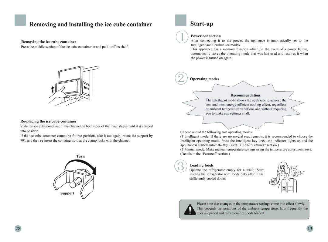 Haier HRF-663ITA2, HRF-663ATA2 manual Removing and installing the ice cube container, Start-up 