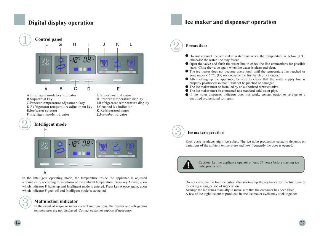 Haier HRF-663ATA2, HRF-663ITA2 manual Digital display operation, Ice maker and dispenser operation, Ice maker operation 