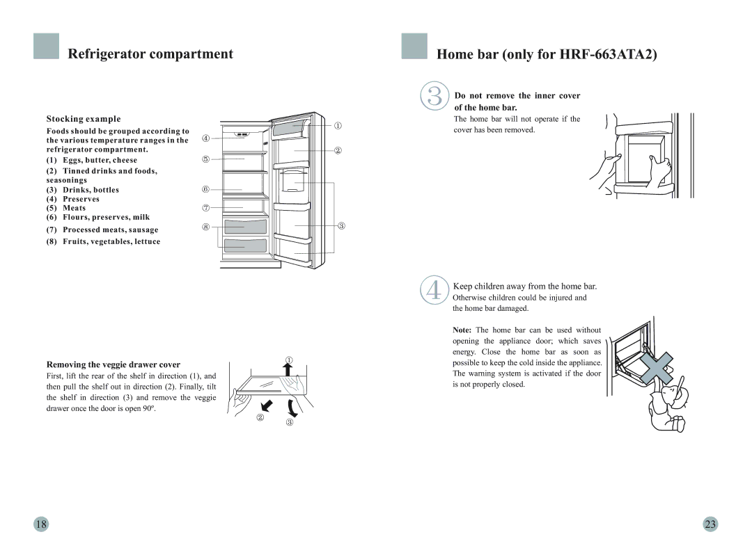 Haier HRF-663ITA2 manual Home bar only for HRF-663ATA2, Stocking example, Removing the veggie drawer cover 