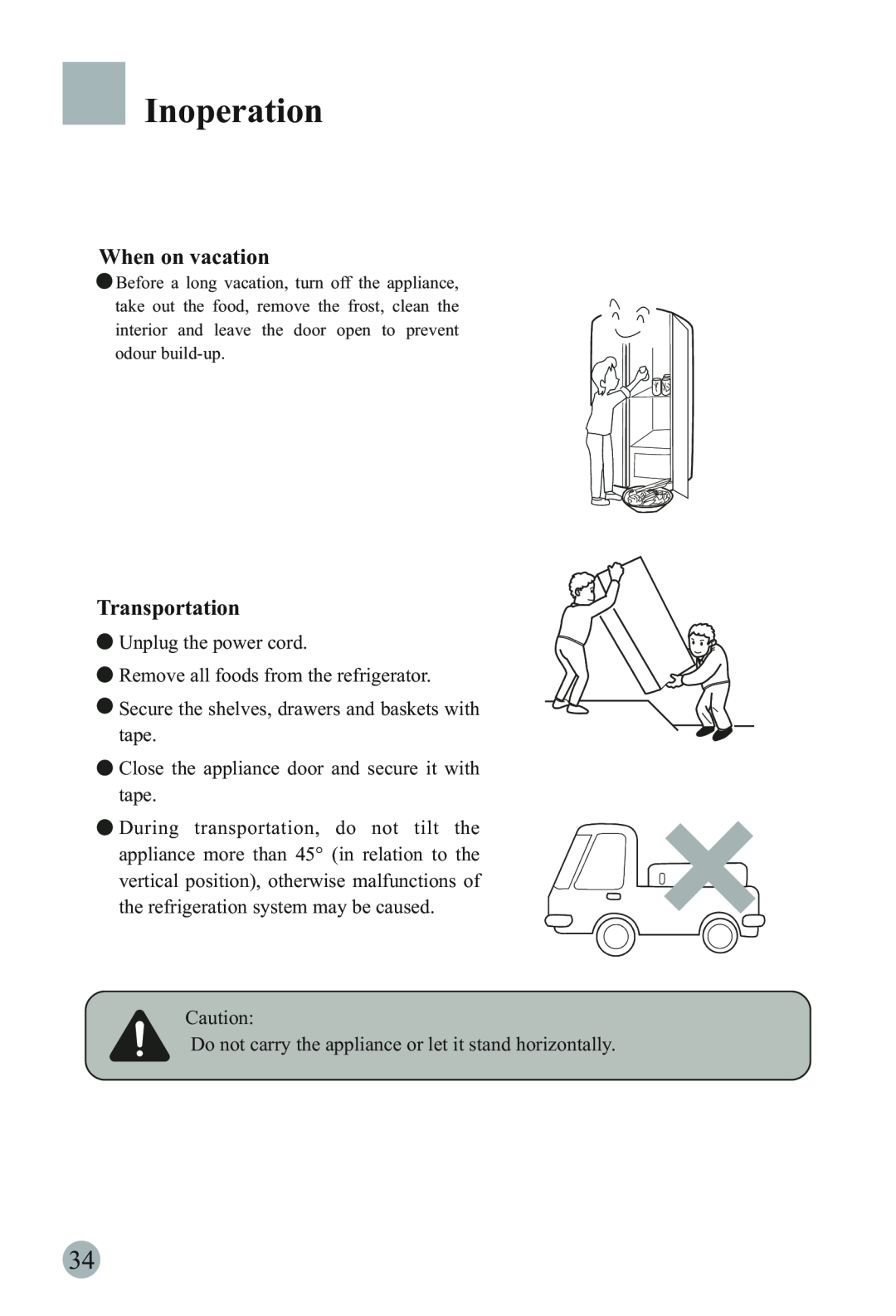 Haier HRF-663IRG manual When on vacation, Transportation, Inoperation 