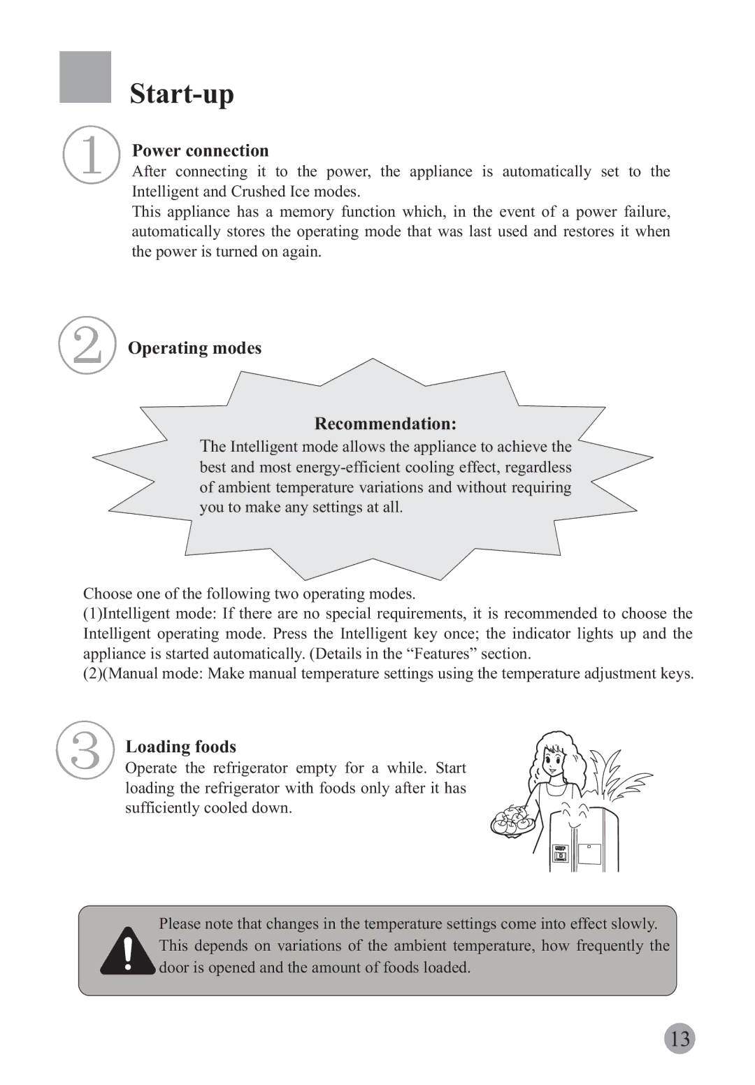Haier HRF-663BSS, HRF-663ISB2*, HRF-663ISA2* manual Start-up, Power connection, Operating modes Recommendation, Loading foods 