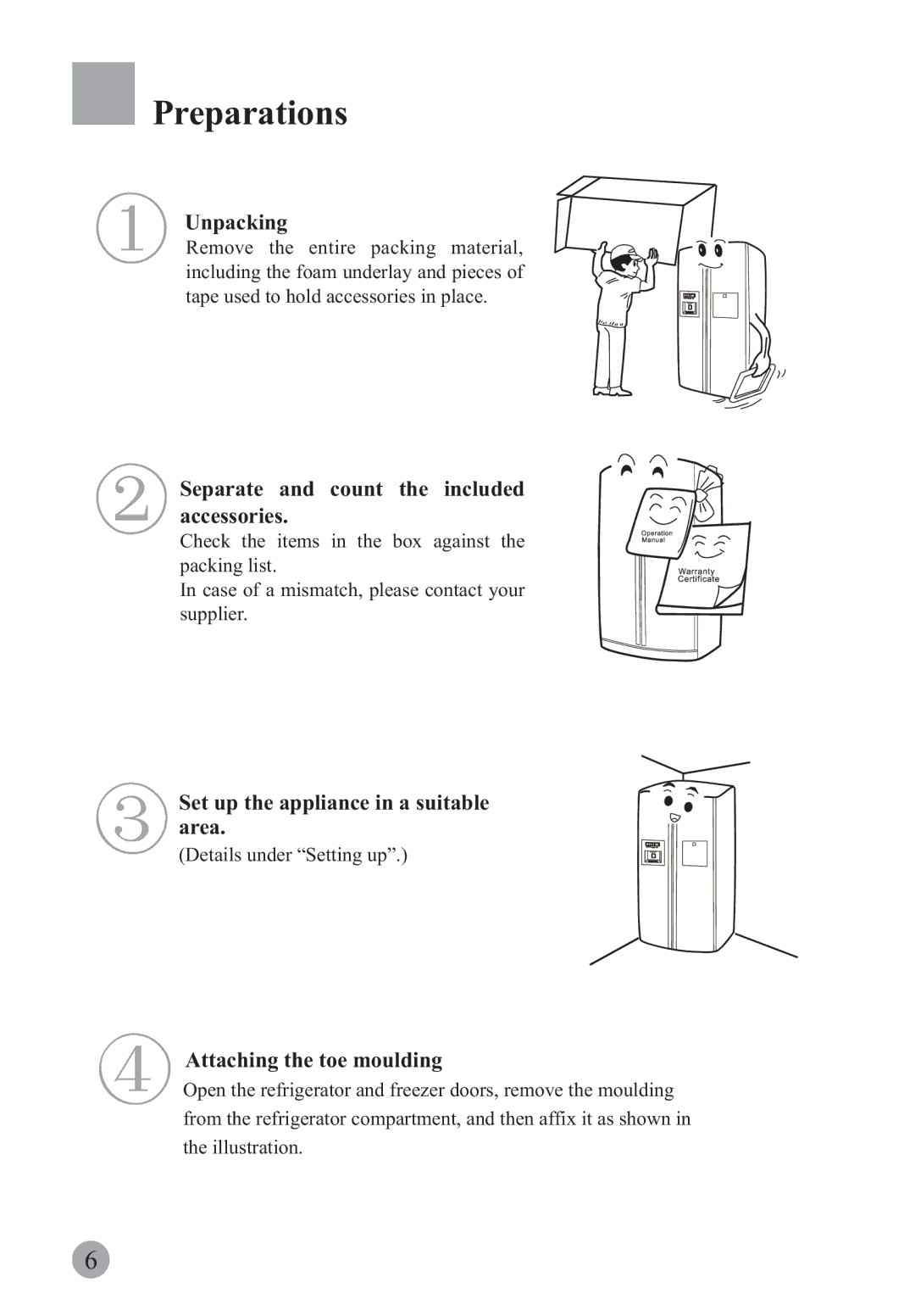 Haier HRF-663BSS manual Preparations, Unpacking, Separate and count the included accessories, Attaching the toe moulding 