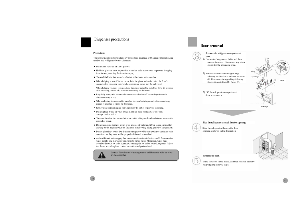 Haier HRF-663ASA2* manual Dispenser precautions, Precautions, Remove the refrigerator compartment door, Reinstall the door 