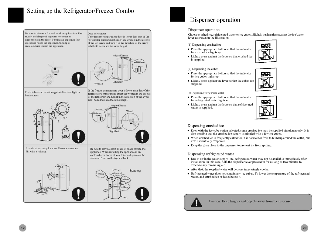 Haier HRF-663ISB2*, HRF-663BSS manual Setting up the Refrigerator/Freezer Combo, Dispenser operation, Dispensing crushed ice 