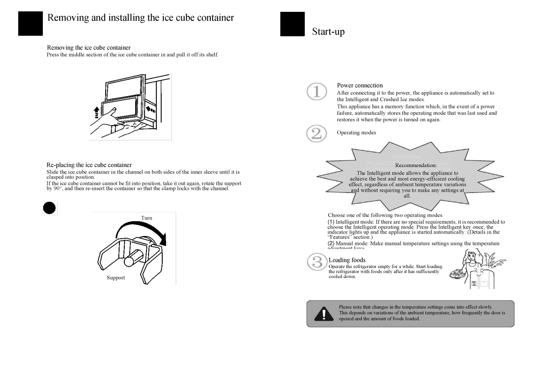 Haier HRF-663BSS, HRF-663ISB2*, HRF-663ISA2*, HRF-663ATA2* manual Removing and installing the ice cube container, Start-up 