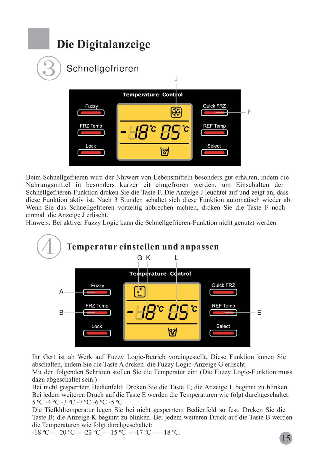 Haier HRF-663CJ, HRF-663ISB2 manual Die Digitalanzeige, Schnellgefrieren, Temperatur einstellen und anpassen 