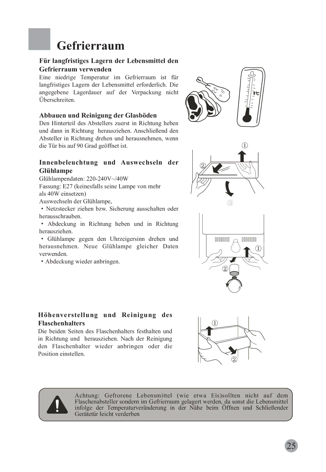 Haier HRF-663CJ manual Gefrierraum, Abbauen und Reinigung der Glasböden, Innenbeleuchtung und Auswechseln der Glühlampe 