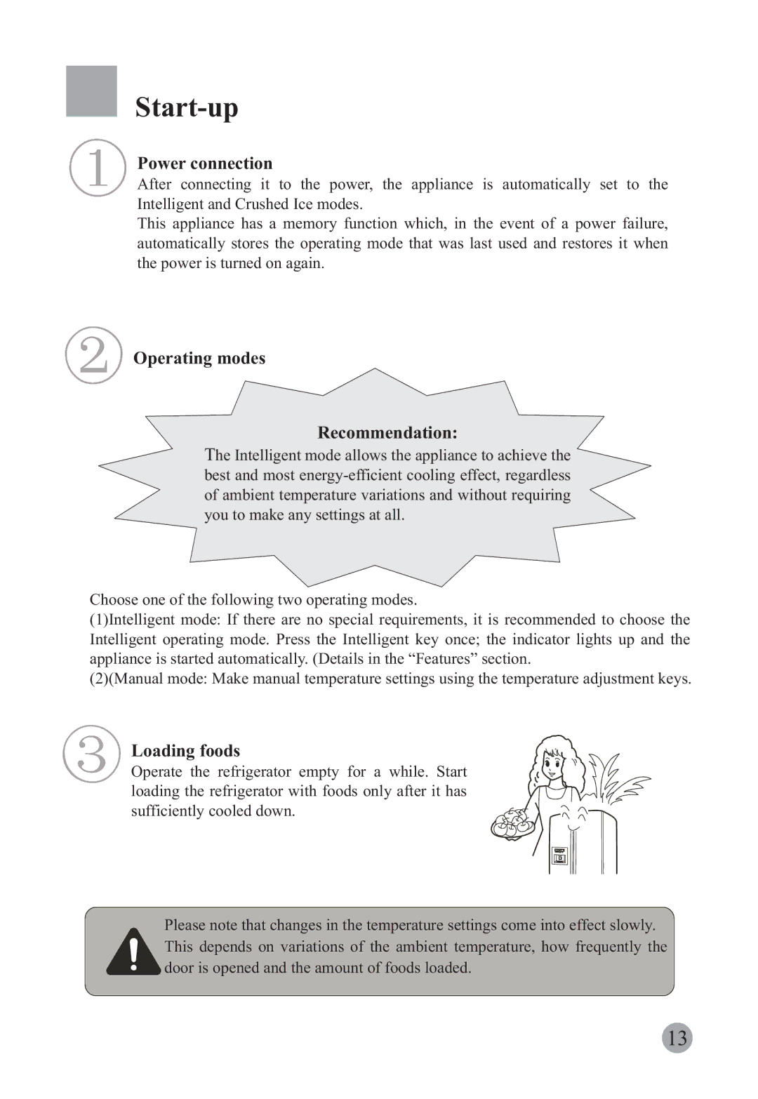 Haier HRF-663CJ, HRF-663ISB2 manual Start-up, Power connection, Operating modes Recommendation, Loading foods 