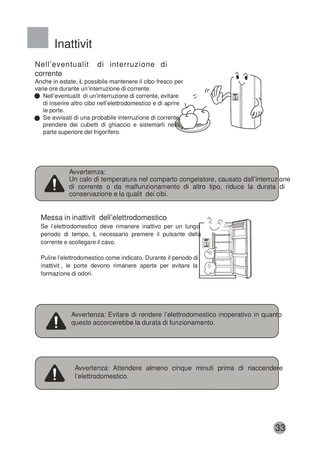 Haier HRF-663CJ manual Inattività, Nelleventualità di interruzione di corrente, Messa in inattività dellelettrodomestico 