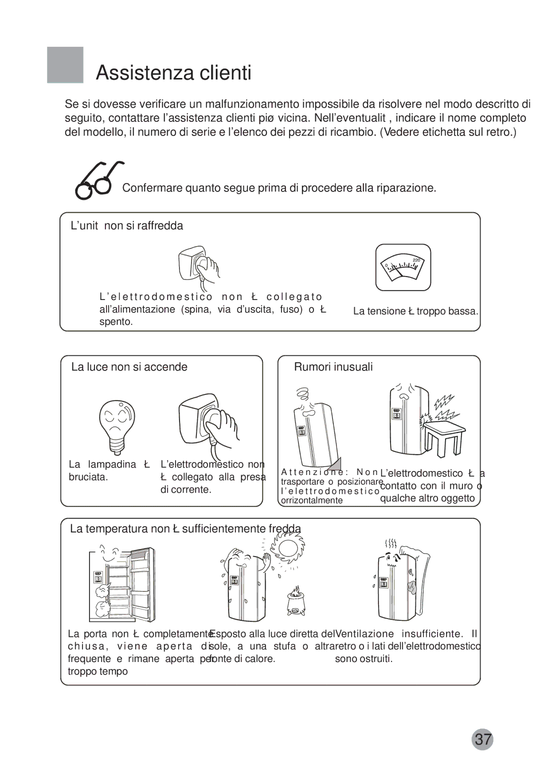 Haier HRF-663CJ Assistenza clienti, La luce non si accende, Rumori inusuali, La temperatura non è sufficientemente fredda 