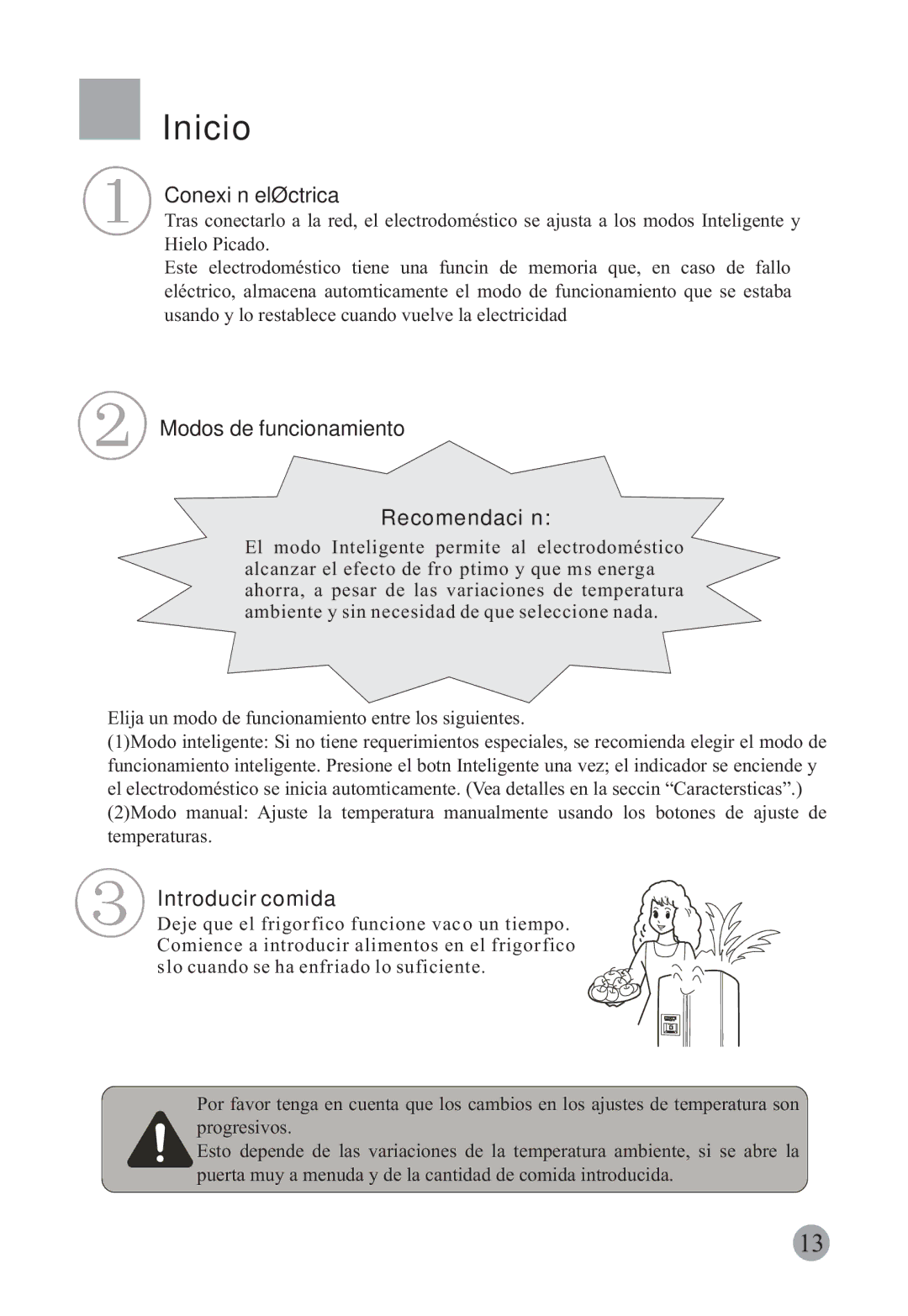 Haier HRF-663CJ, HRF-663ISB2 manual Inicio, Conexión eléctrica, Modos de funcionamiento Recomendación, Introducir comida 