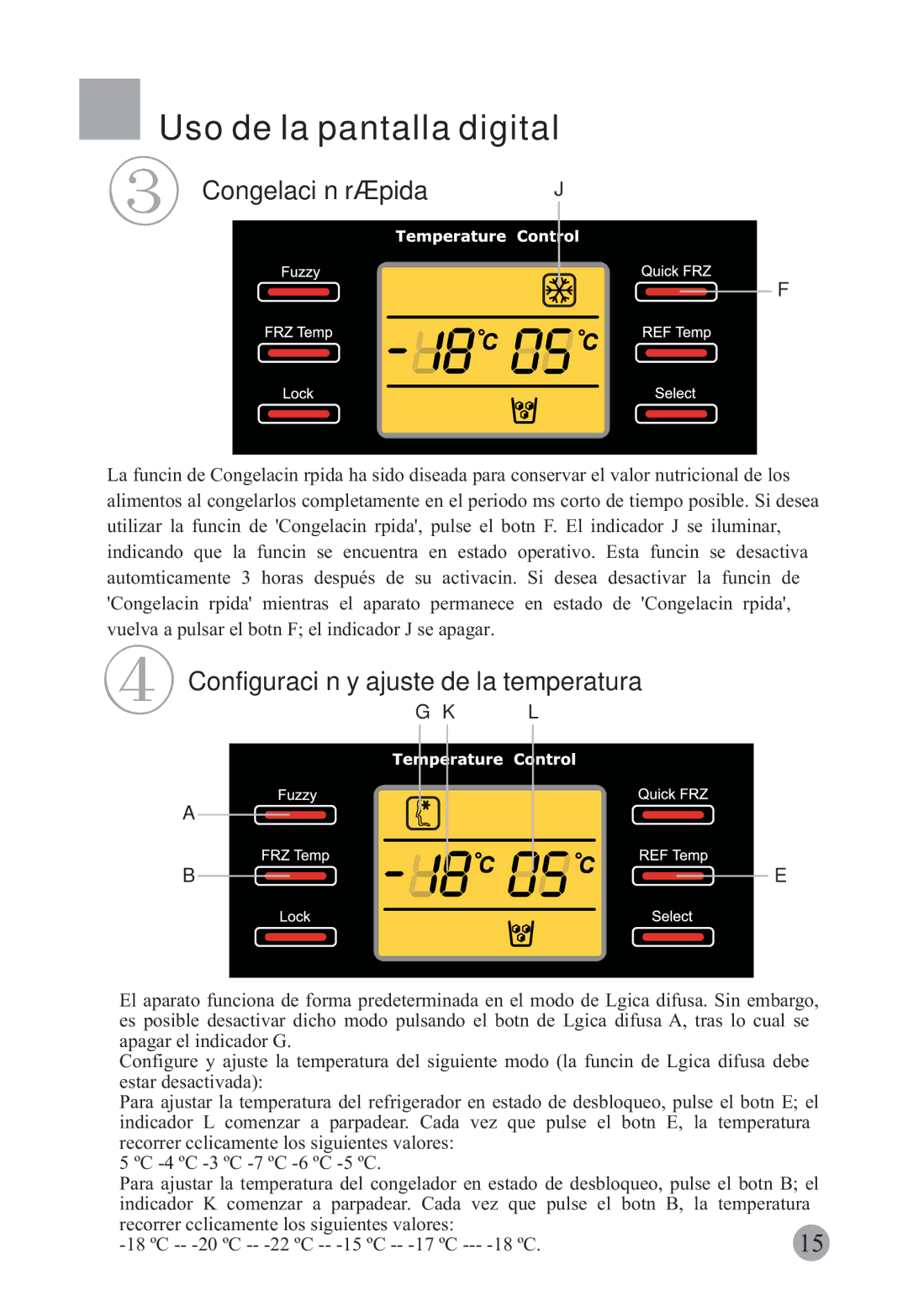 Haier HRF-663CJ, HRF-663ISB2 manual Uso de la pantalla digital, Congelación rápida, Configuración y ajuste de la temperatura 