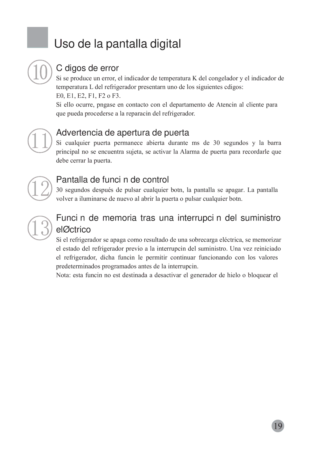 Haier HRF-663CJ, HRF-663ISB2 manual Códigos de error, Advertencia de apertura de puerta, Pantalla de función de control 