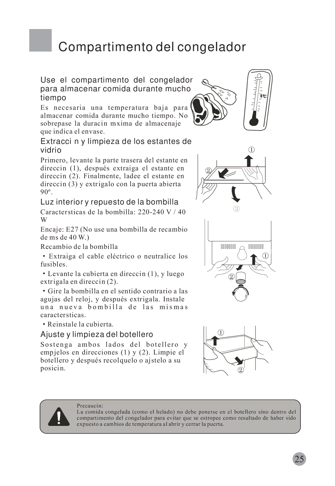 Haier HRF-663CJ, HRF-663ISB2 manual Compartimento del congelador, Extracción y limpieza de los estantes de vidrio 