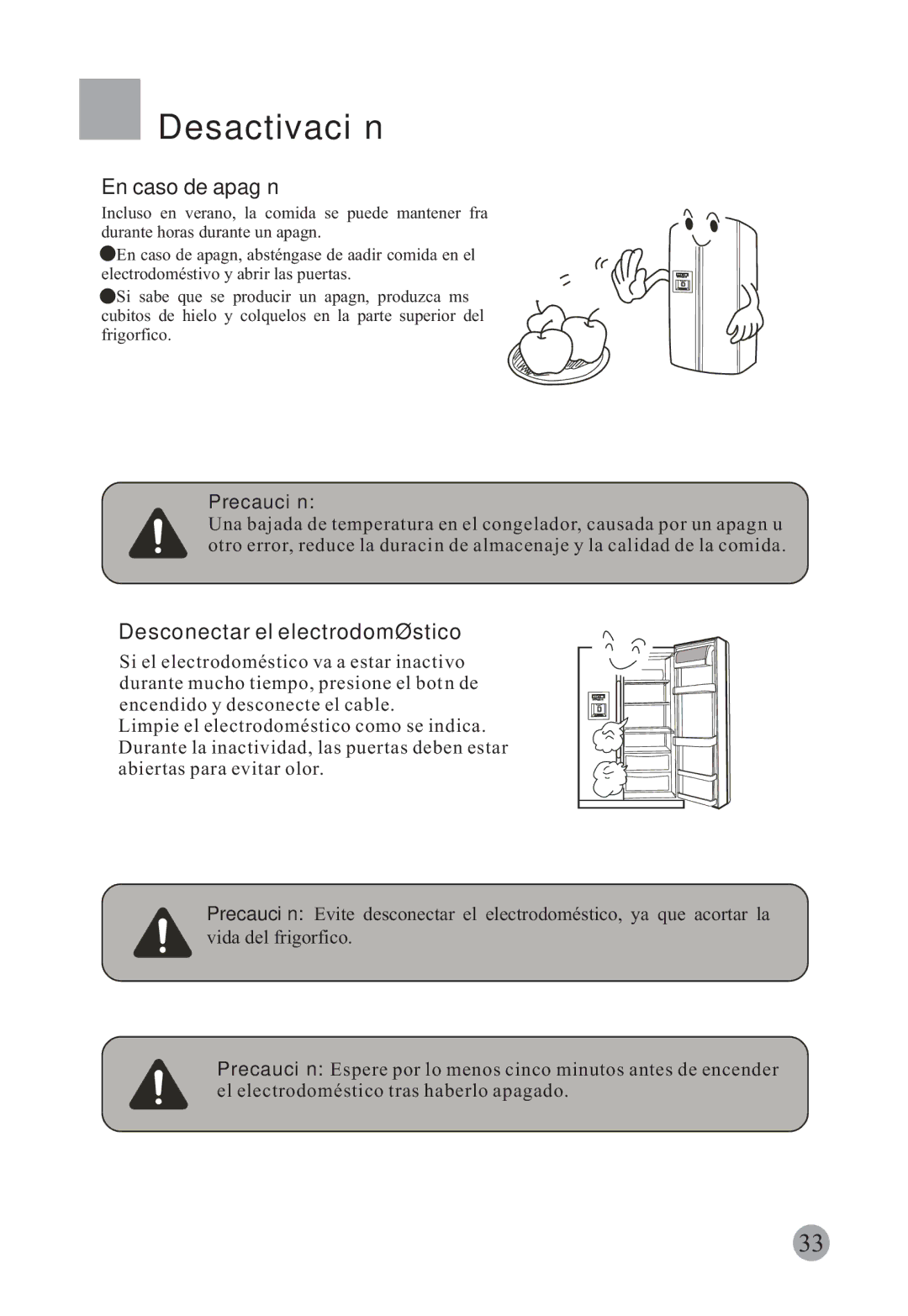 Haier HRF-663CJ, HRF-663ISB2 manual Desactivación, En caso de apagón, Desconectar el electrodoméstico, Precaución 