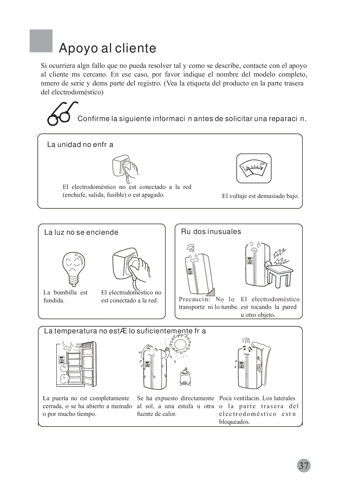 Haier HRF-663CJ Apoyo al cliente, La luz no se enciende, Ruídos inusuales, La temperatura no está lo suficientemente fría 