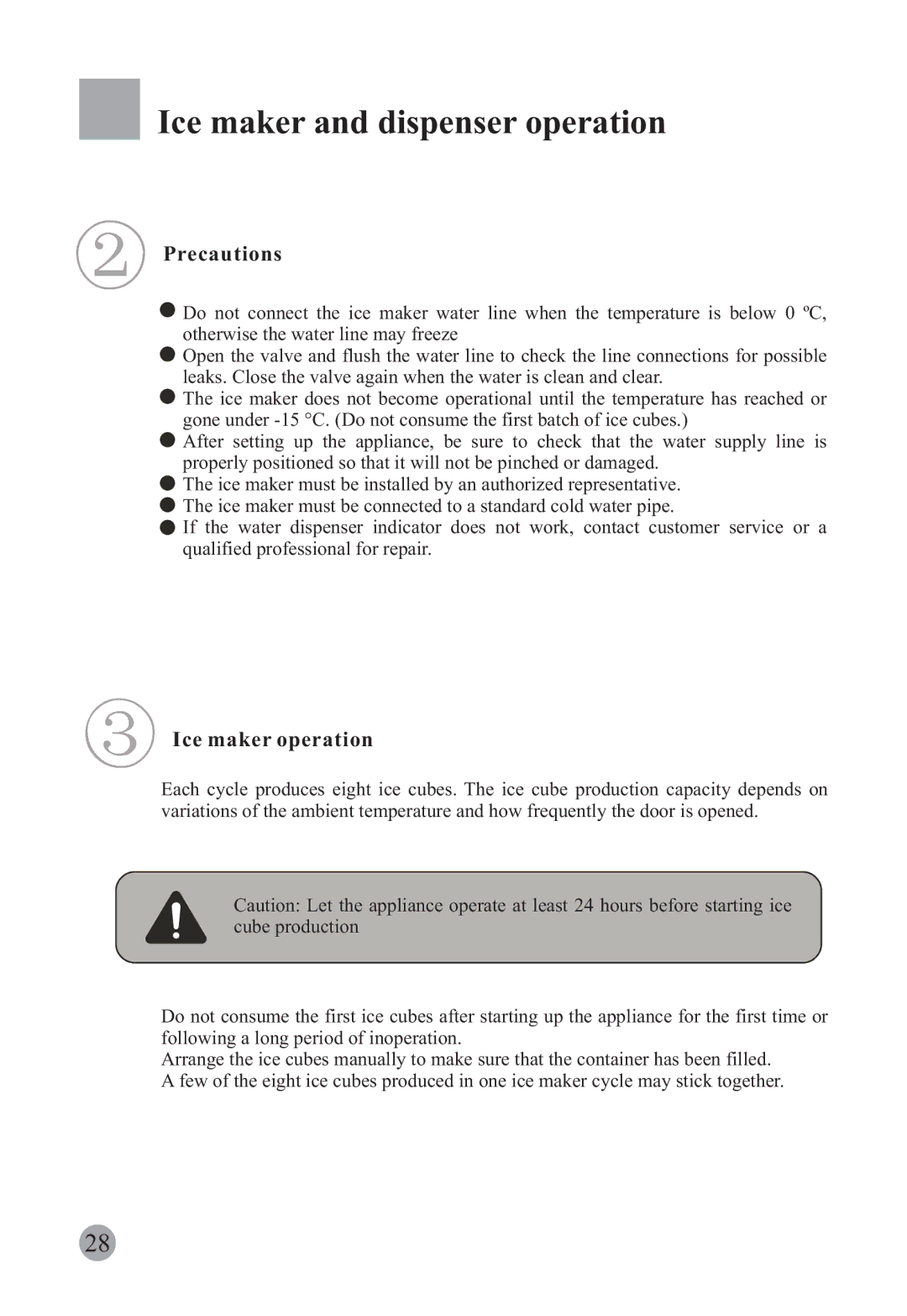 Haier HRF-663ISB2, HRF-663CJ manual Ice maker and dispenser operation, Precautions, Ice maker operation 