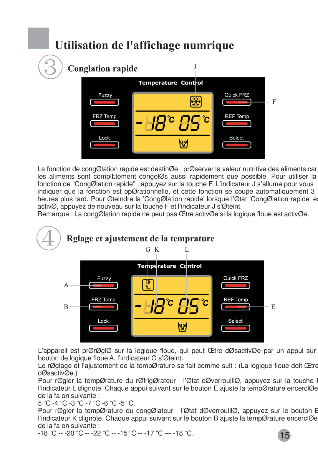 Haier HRF-663CJ manual Utilisation de laffichage numérique, Congélation rapide, Réglage et ajustement de la température 