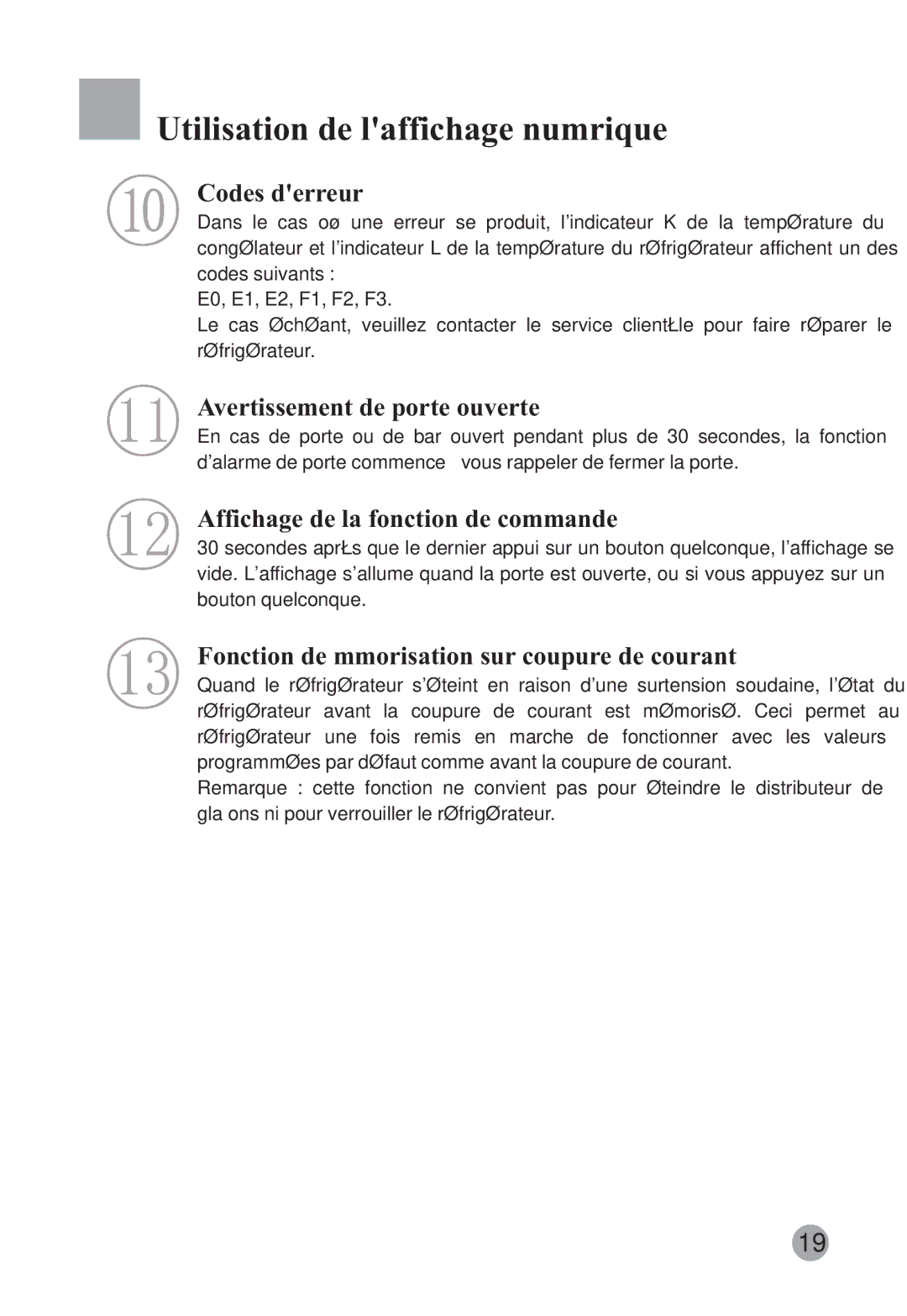 Haier HRF-663CJ, HRF-663ISB2 manual Codes derreur, Avertissement de porte ouverte, Affichage de la fonction de commande 