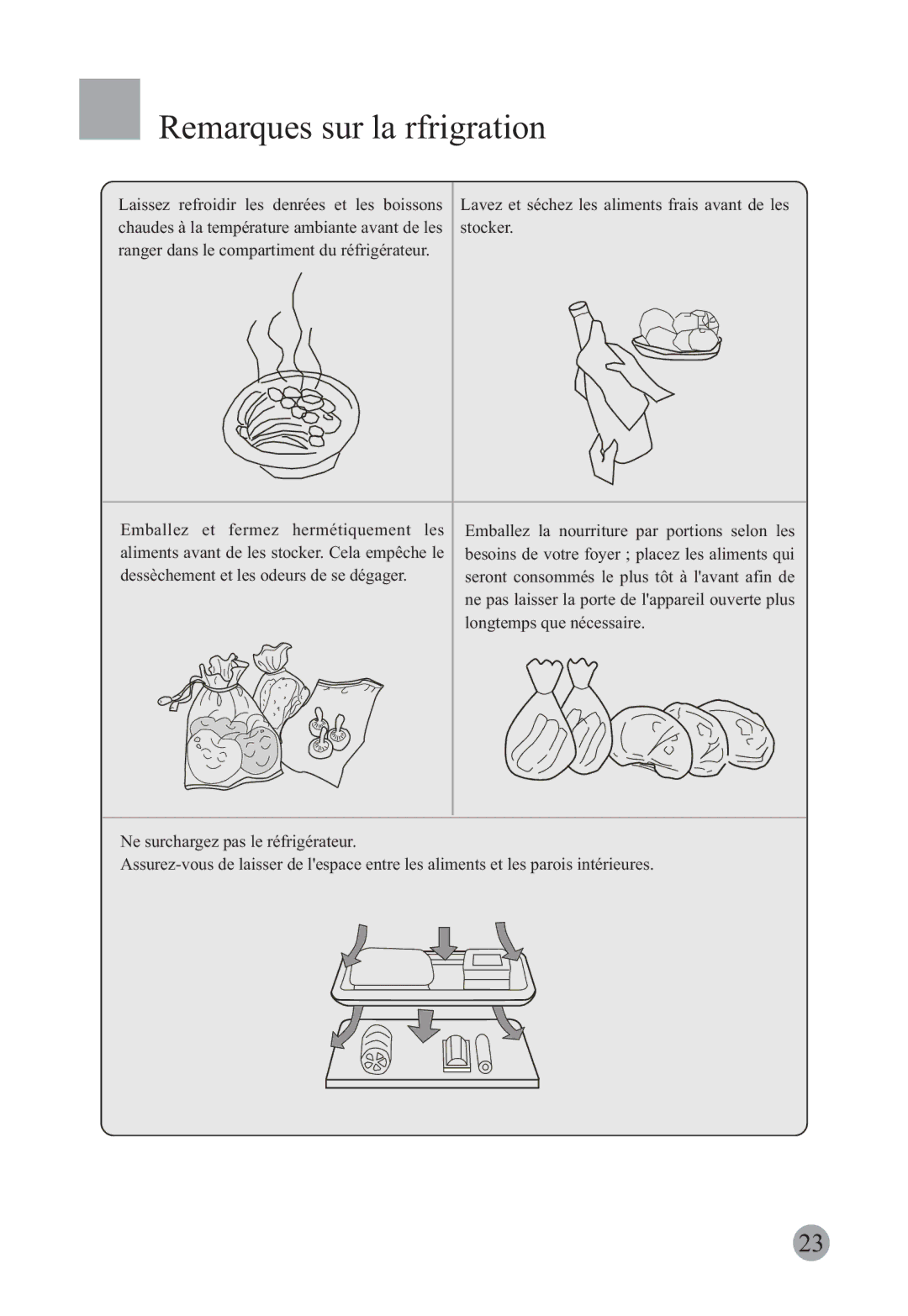 Haier HRF-663CJ, HRF-663ISB2 manual Remarques sur la réfrigération, Lavez et séchez les aliments frais avant de les stocker 