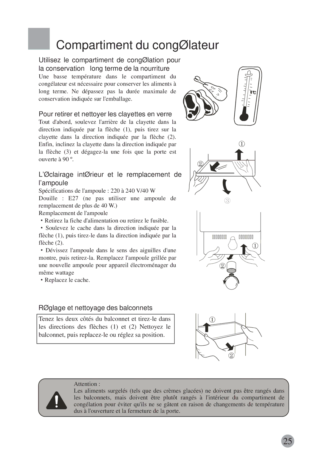 Haier HRF-663CJ, HRF-663ISB2 manual Compartiment du congélateur, Pour retirer et nettoyer les clayettes en verre 