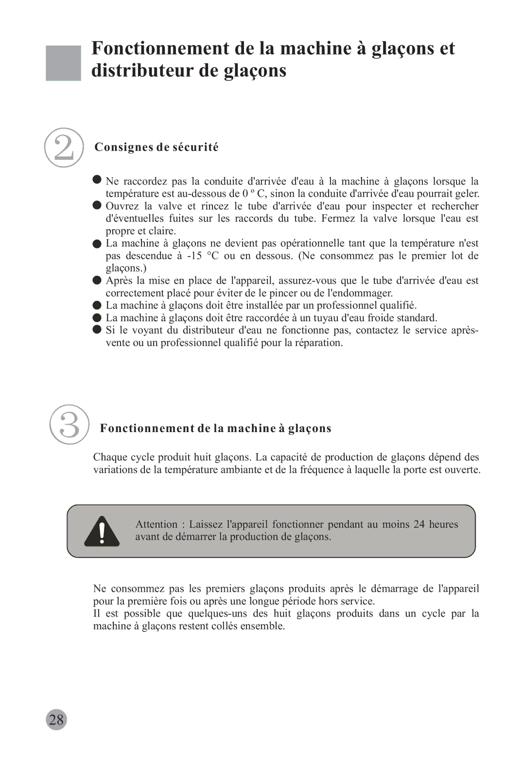 Haier HRF-663ISB2, HRF-663CJ manual Consignes de sécurité, Fonctionnement de la machine à glaçons 