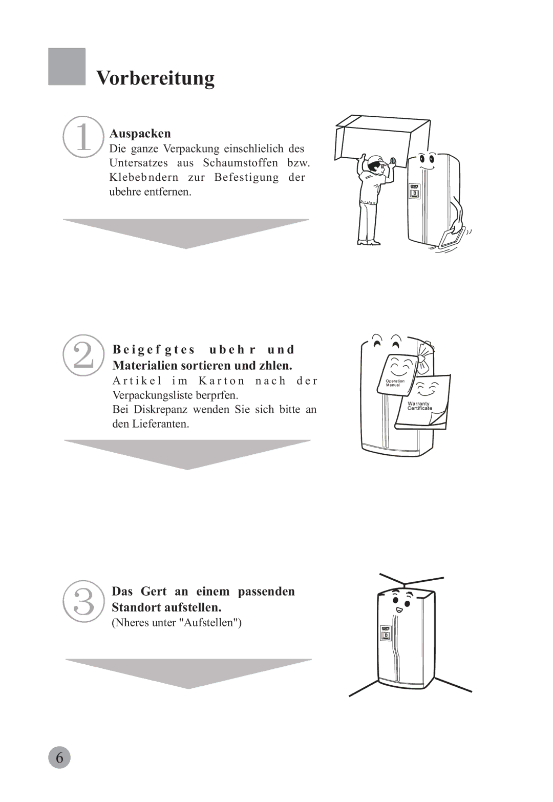 Haier HRF-663ISB2, HRF-663CJ manual Vorbereitung, Auspacken, Das Gerät an einem passenden Standort aufstellen 