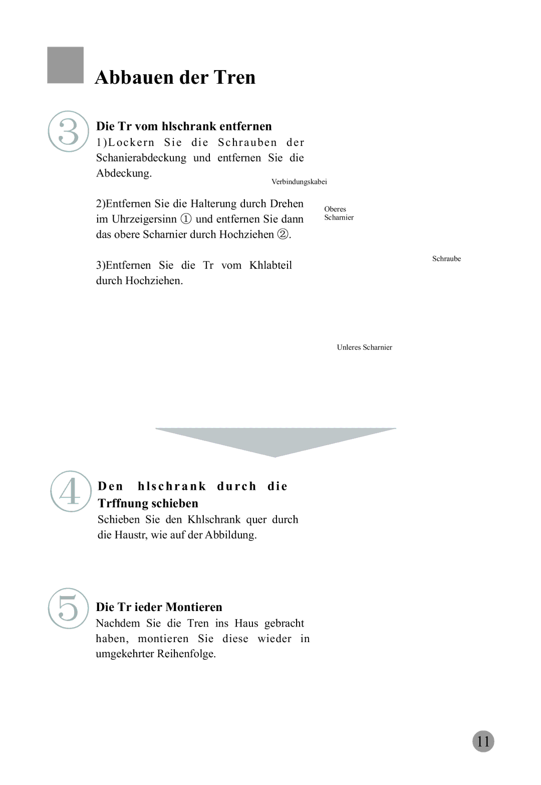 Haier HRF-663CJ manual Die Tür vom Kühlschrank entfernen, N K ü h l s c h r a n k d u r c h d i e Türöffnung schieben 