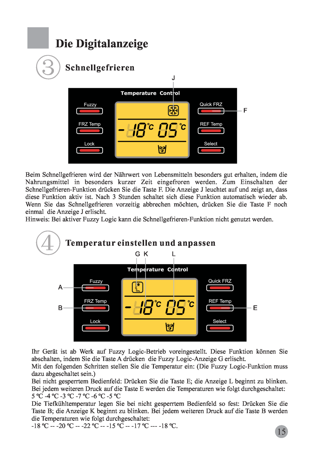 Haier HRF-663CJ, HRF-663ISB2 manual Die Digitalanzeige, Schnellgefrieren, Temperatur einstellen und anpassen 