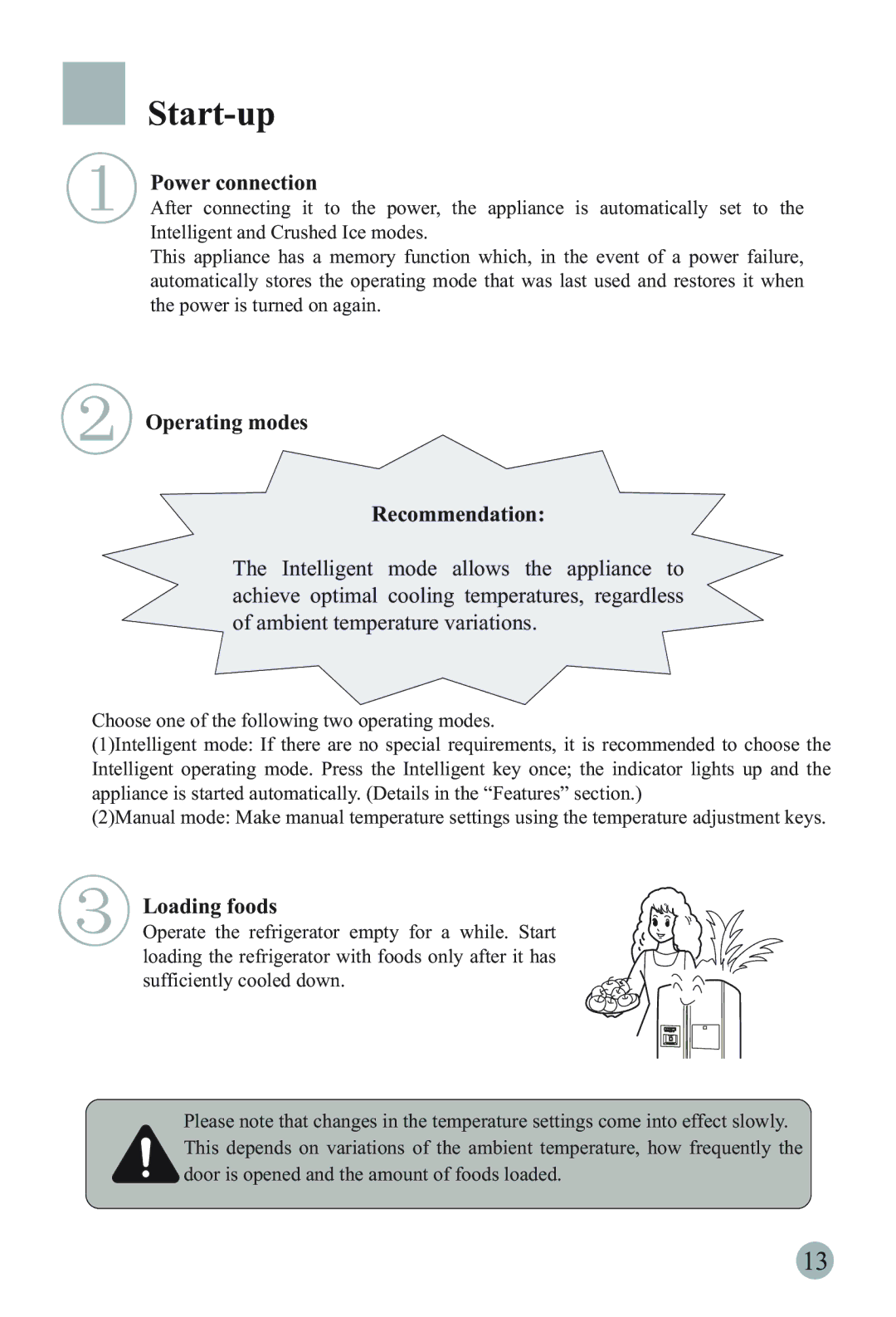 Haier HRF-66ASA2, HRF-66ITA2, HRF-66ATA2 manual Start-up, Power connection, Operating modes Recommendation, Loading foods 