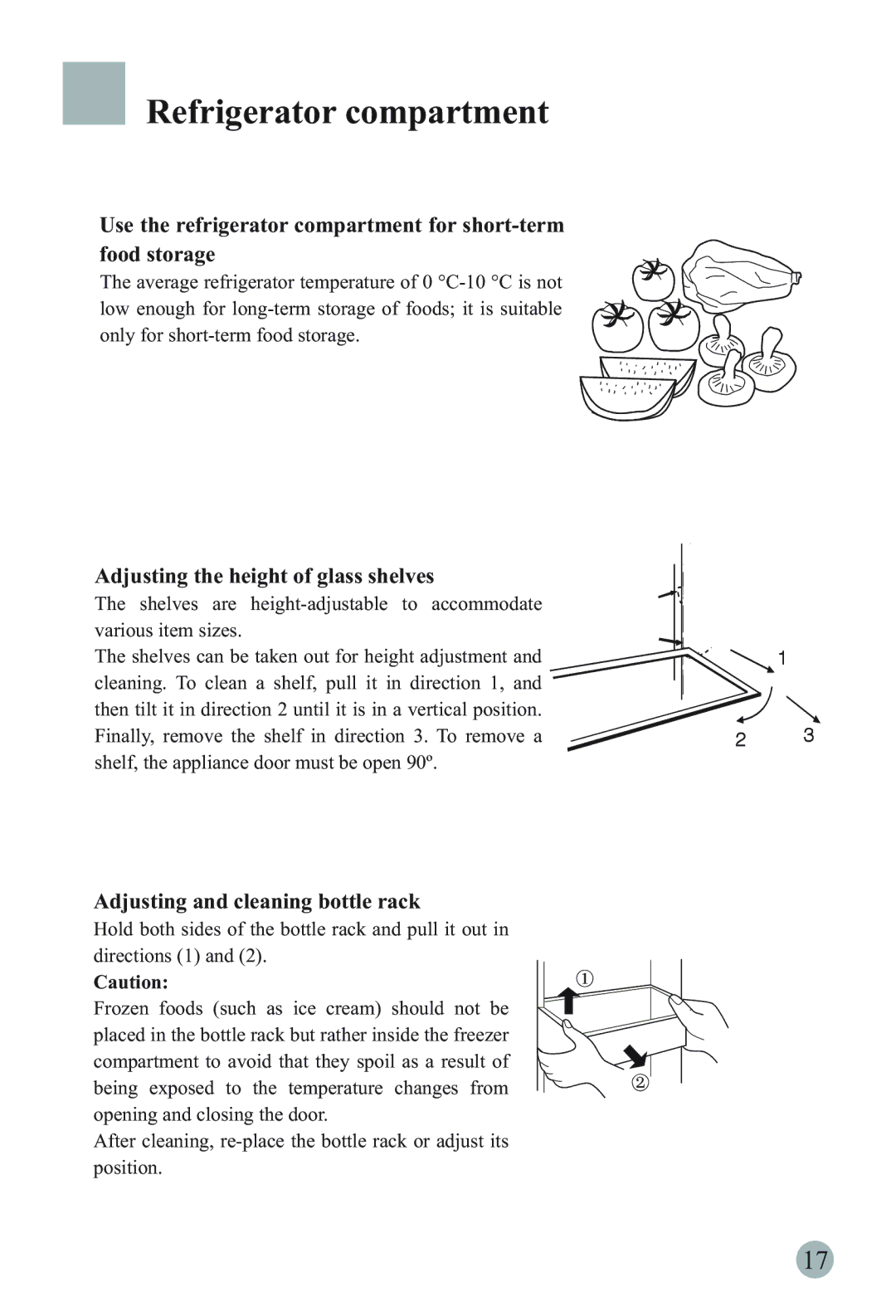 Haier HRF-66ATA2 manual Refrigerator compartment, Adjusting the height of glass shelves, Adjusting and cleaning bottle rack 