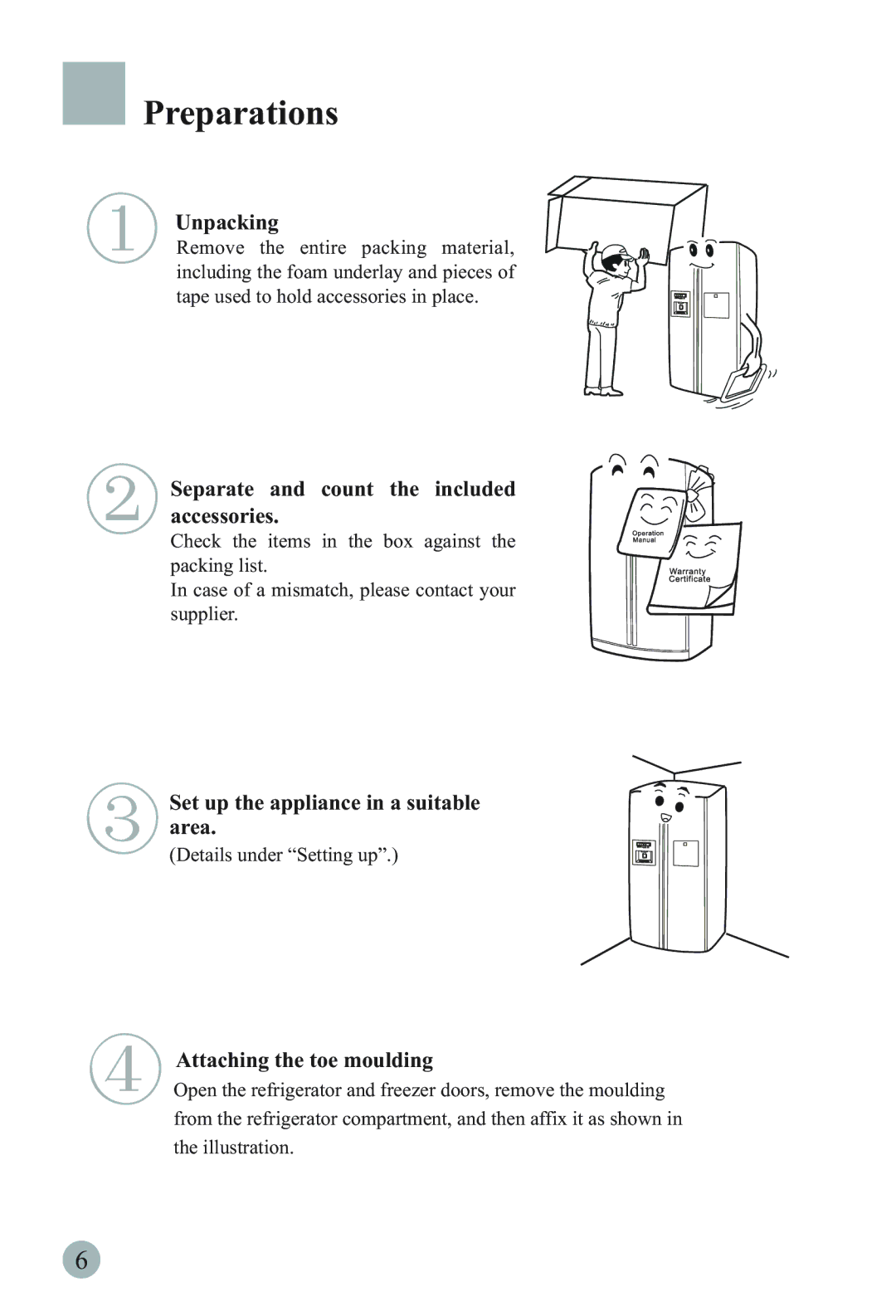 Haier HRF-66ISA2 manual Preparations, Unpacking, Separate and count the included accessories, Attaching the toe moulding 