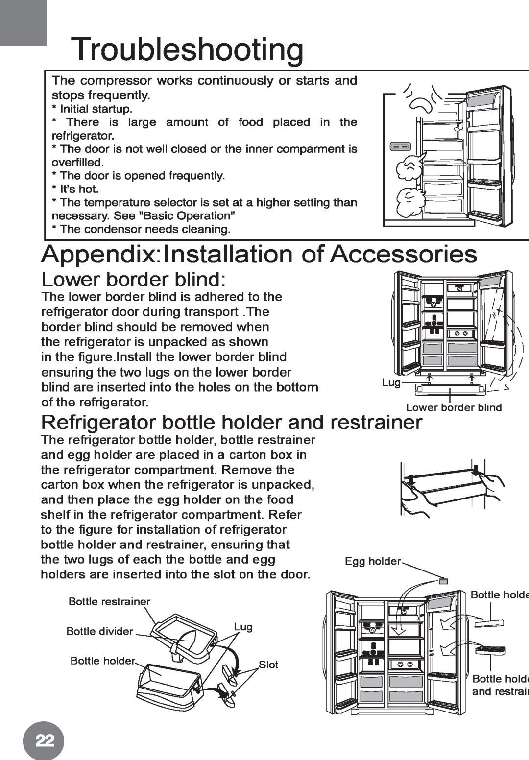 Haier HRF-688FF/A manual Lower border blind, Refrigerator bottle holder and restrainer, AppendixInstallation of Accessories 