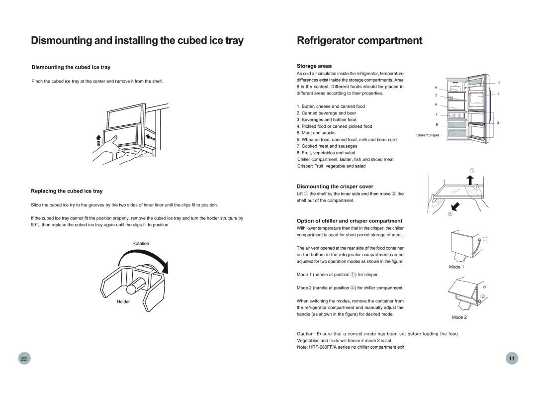 Haier HRF-689FF/ASS, HRF-669FF/ASS Dismounting the cubed ice tray, Replacing the cubed ice tray, Storage areas 