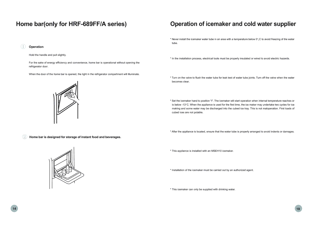 Haier HRF-689FF/ASS, HRF-669FF/A Home baronly for HRF-689FF/A series, Operation of icemaker and cold water supplier 