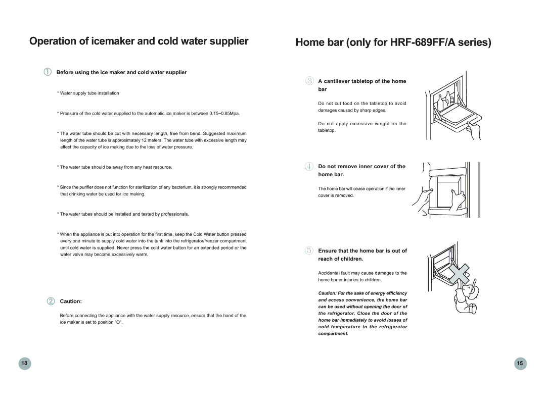 Haier HRF-669FF/A, HRF-689FF/ASS Home bar only for HRF-689FF/A series, Before using the ice maker and cold water supplier 