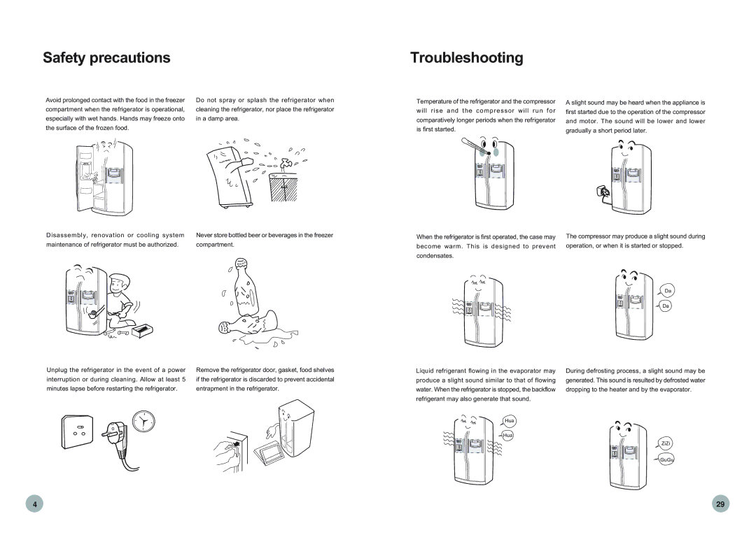 Haier HRF-689FF/ASS, HRF-669FF/A Safety precautions Troubleshooting, Produce a slight sound similar to that of flowing 