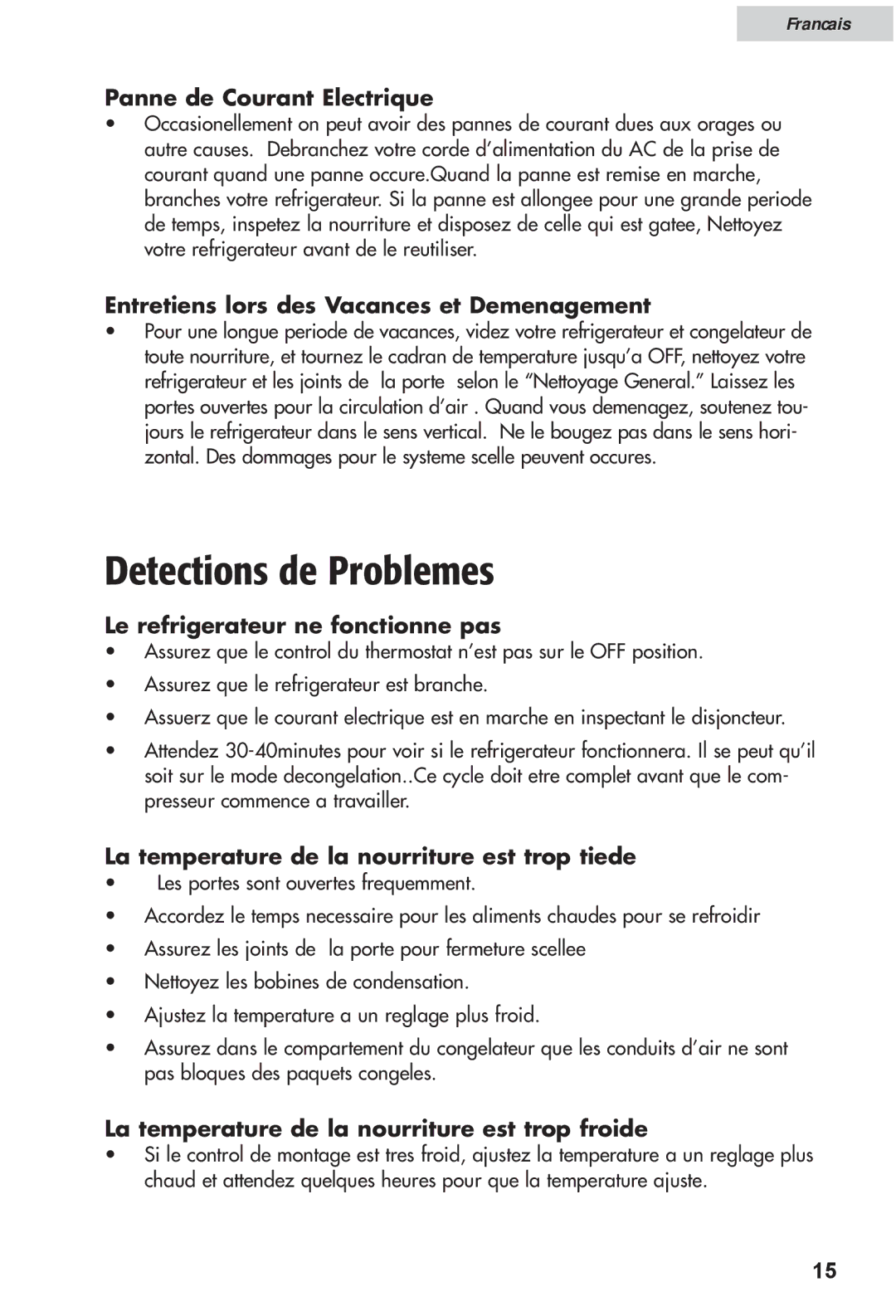 Haier HRF12WNDWW user manual Detections de Problemes 