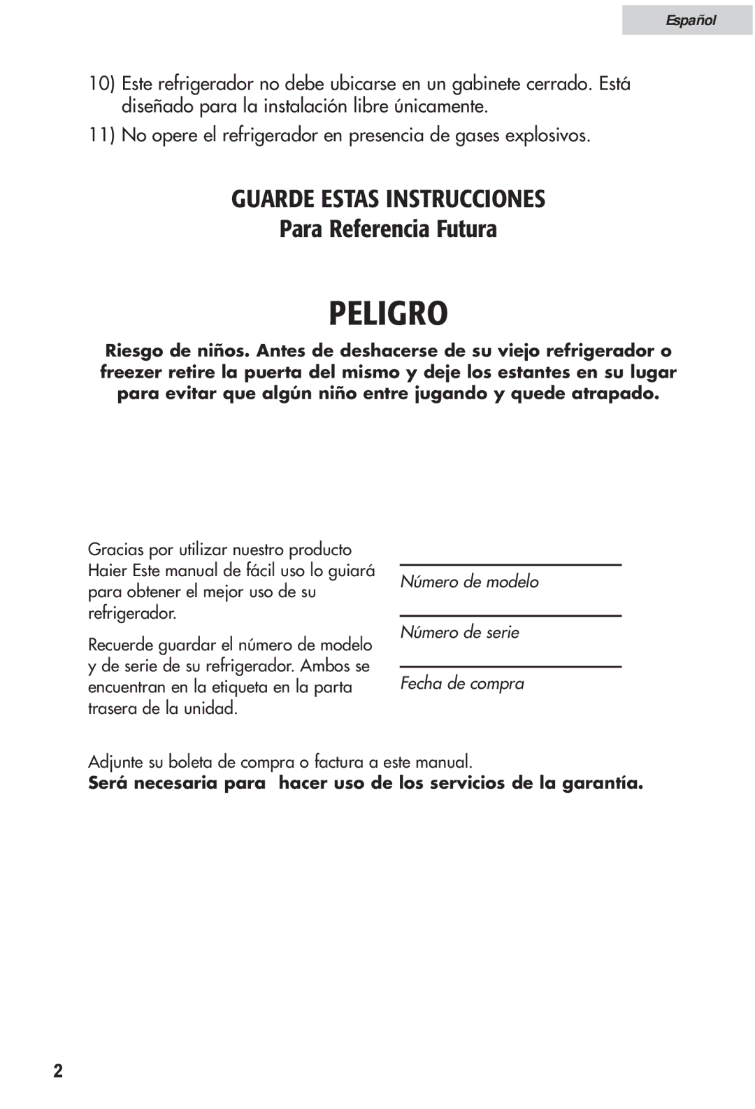 Haier HRF12WNDWW user manual Peligro 