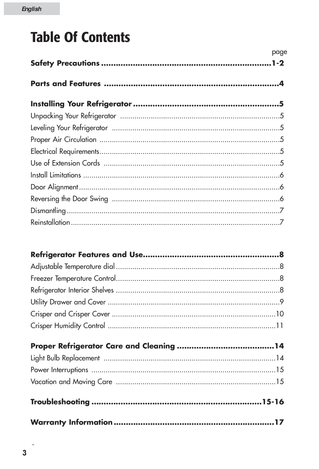 Haier HRF12WNDWW user manual Table Of Contents 