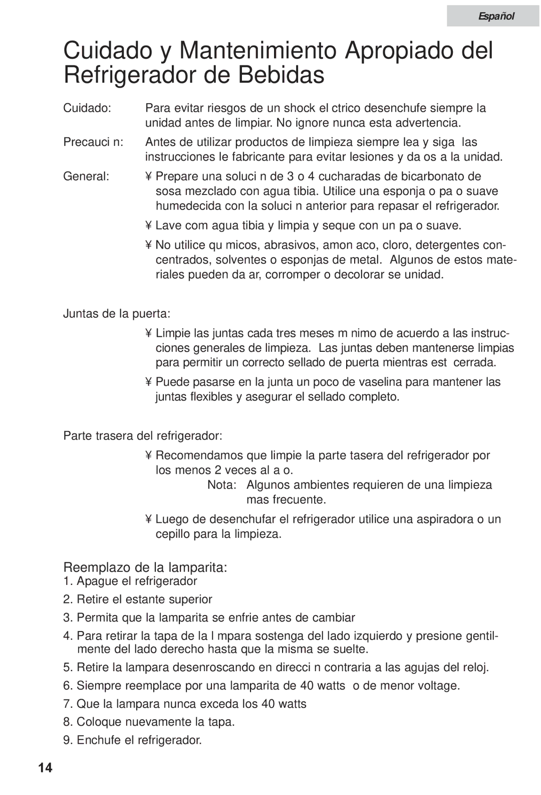 Haier HRF12WNDWW user manual Reemplazo de la lamparita, Juntas de la puerta, Parte trasera del refrigerador 