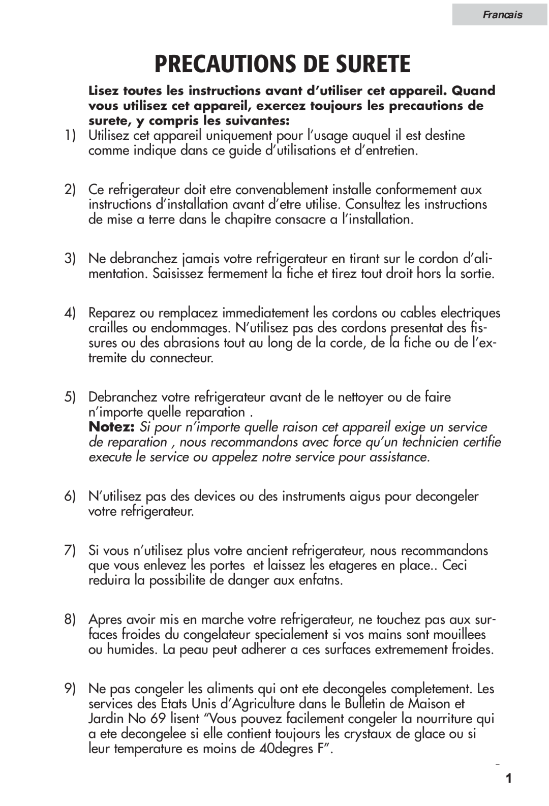 Haier HRF12WNDWW user manual Precautions De Surete, Francais 