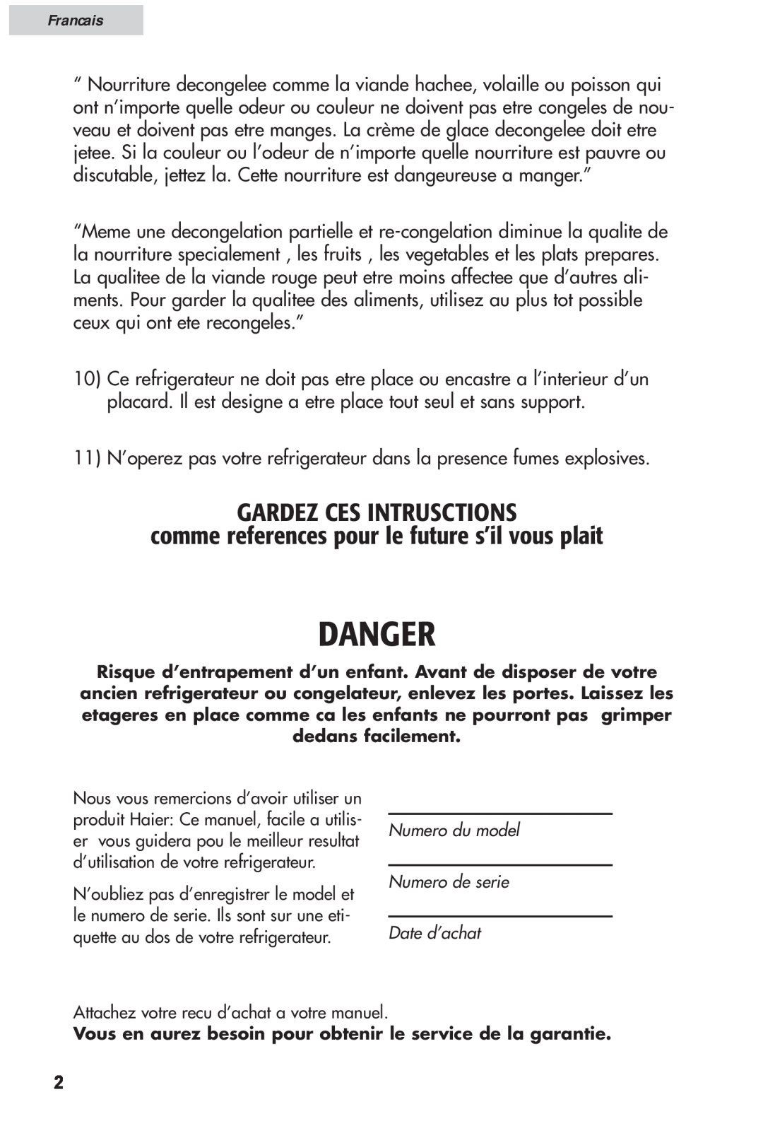 Haier HRF12WNDWW user manual Gardez Ces Intrusctions, comme references pour le future s’il vous plait, Danger, Francais 