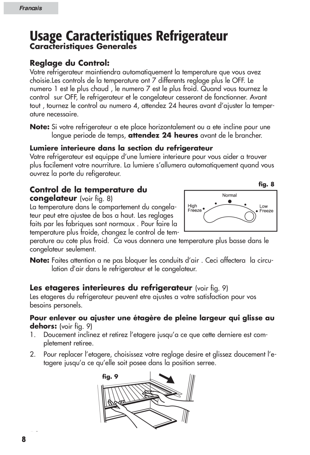 Haier HRF12WNDWW user manual Usage Caracteristiques Refrigerateur, Caracteristiques Generales Reglage du Control, Francais 