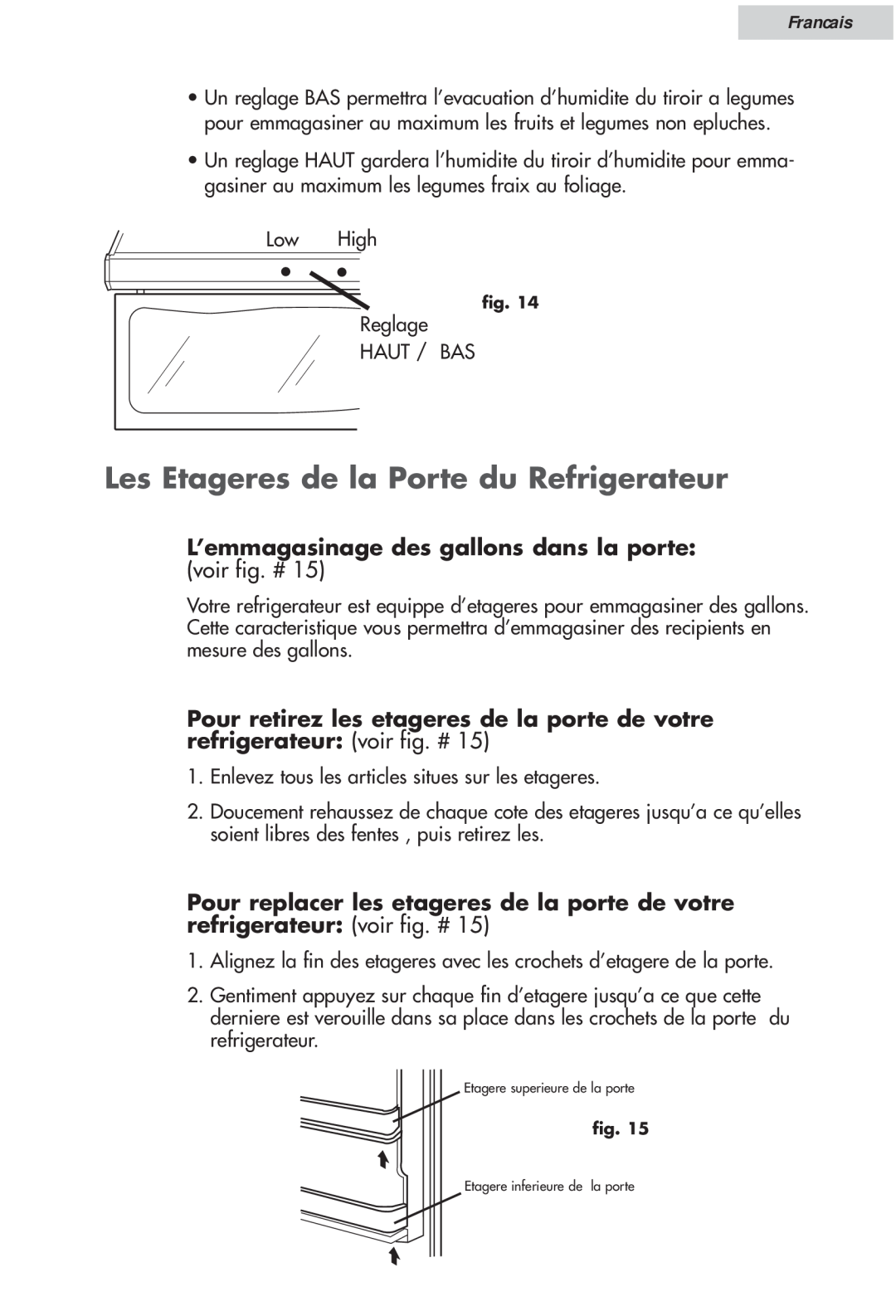 Haier HRF12WNDWW user manual Les Etageres de la Porte du Refrigerateur, L’emmagasinage des gallons dans la porte, Francais 