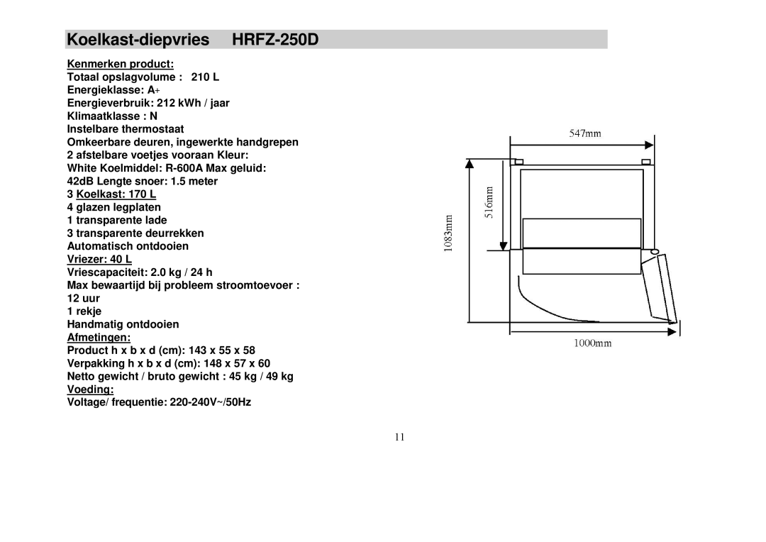 Haier HRFZ-250D AA manual Koelkast-diepvries HRFZ-250D 