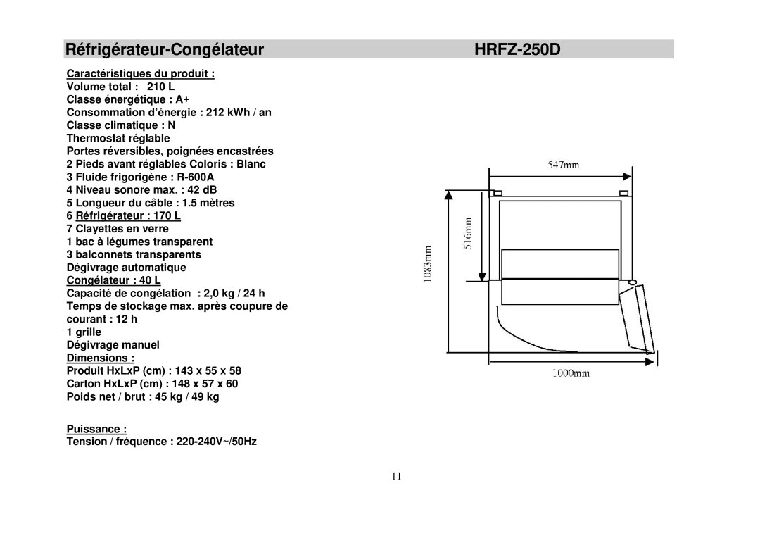 Haier HRFZ-250D AA manual Réfrigérateur-CongélateurHRFZ-250D 